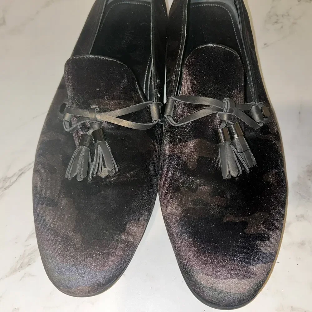 ALDO Mens Camo Velvet Tassel Loafers Size 12 Black Gray Slip On Dress Shoes 45